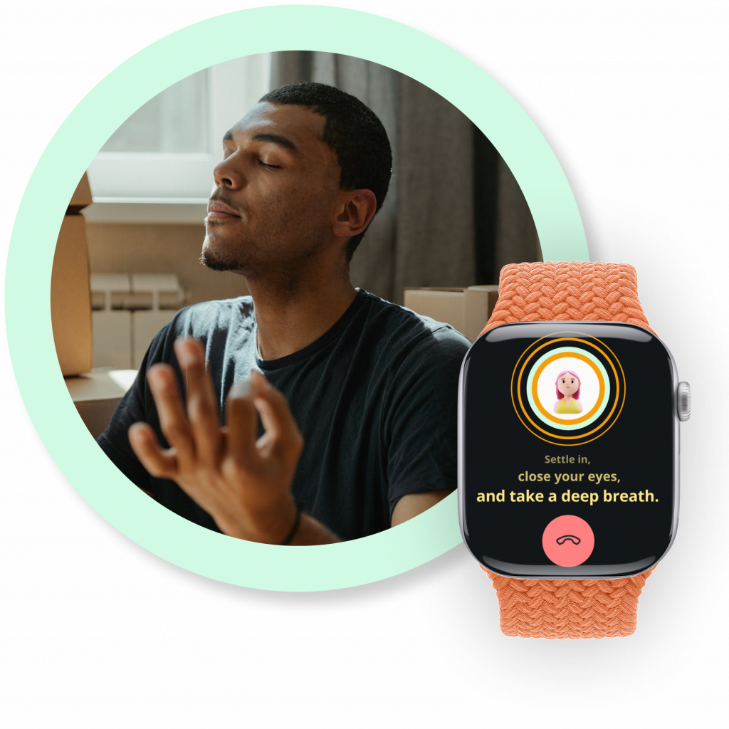 a bubble with a man meditating to the left. A smartwatch with a guided meditation floating on the right corner.